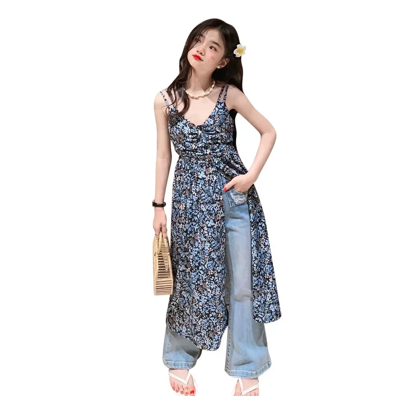 Ragazze vestito fionda moda floreale bambino bambini Streetwear estate 2024 adolescenti bambini abiti da spiaggia costumi Sexy blu da 5 a 13 anni