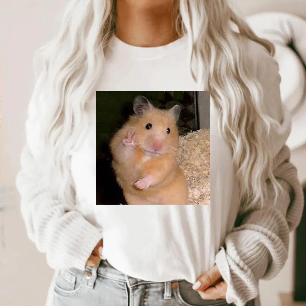 Cute Peace Hamster Funny Meme T Shirt Women Retro Fashion Short Sleeve T-shirts Tops Casual T-shirt Aesthetic Clothes Harajuku