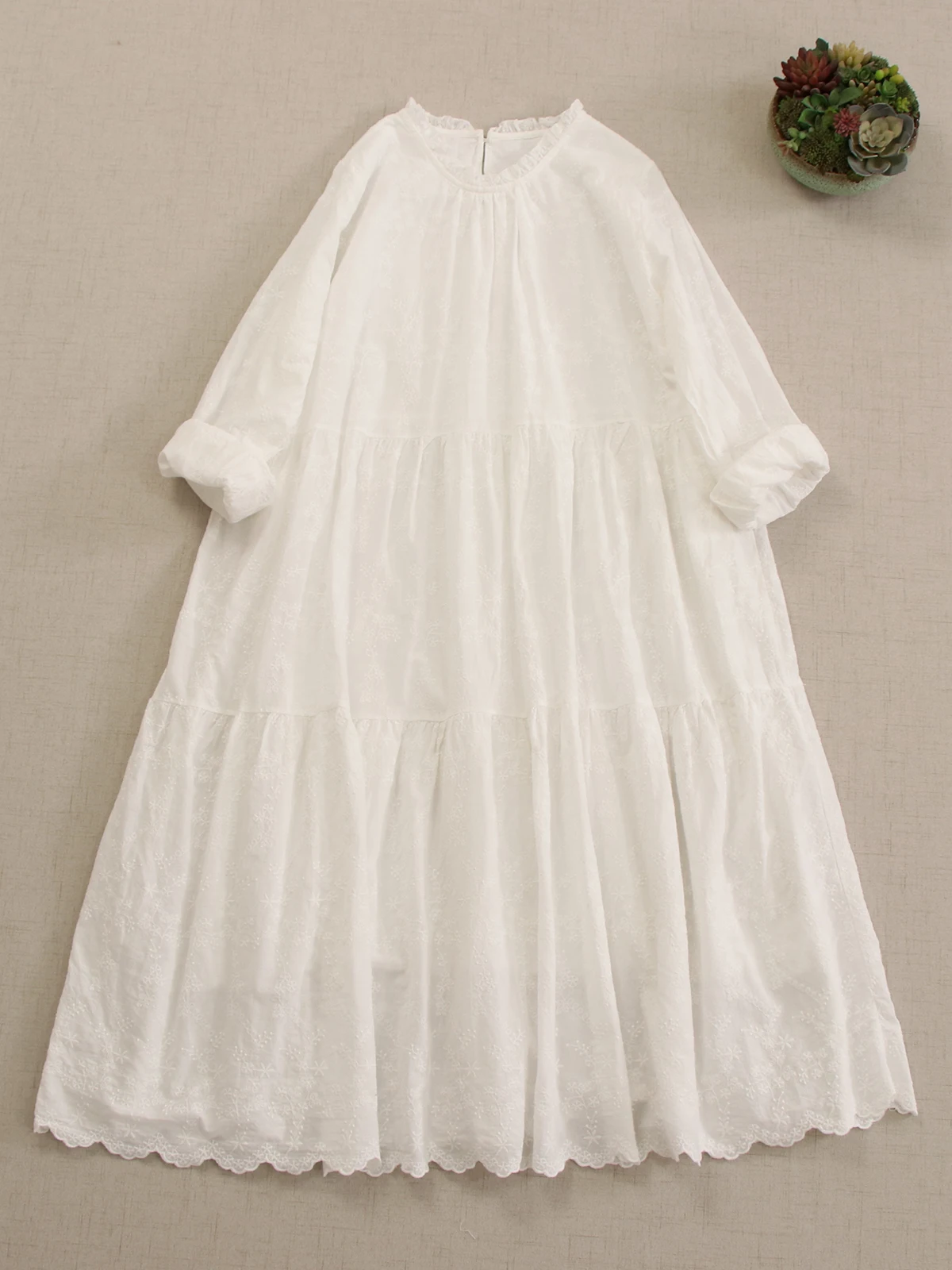 Japanese Mori Girl Sweet Lolita Embroidery Loose Dress Women Autumn Stand Collar Long Sleeve Double Layer Casual Midi Dresses