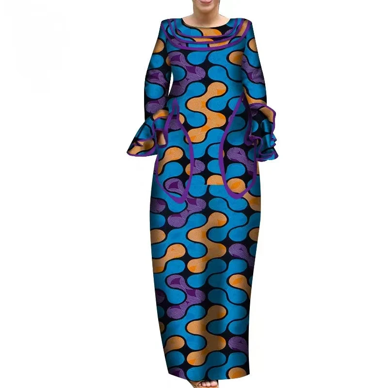 

2024 African Long Dresses For Women Fashion Design Dashiki Africa Ladies Clothing Bazin Riche O-neck Full Sleeve Dress Wedding