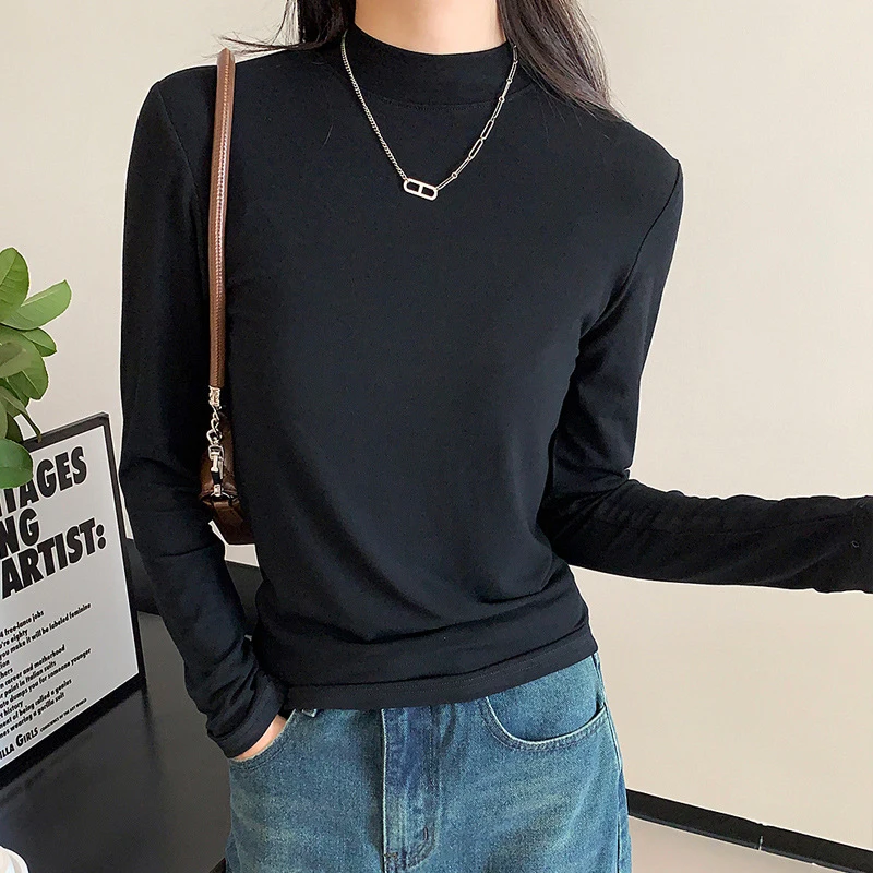 Einfarbig Halb Hohen Kragen Stricken Pullover Frauen Herbst Winter Bodenbildung Langarm T-shirt Frau Alle Spiel Grundlegende Jumper Mujer