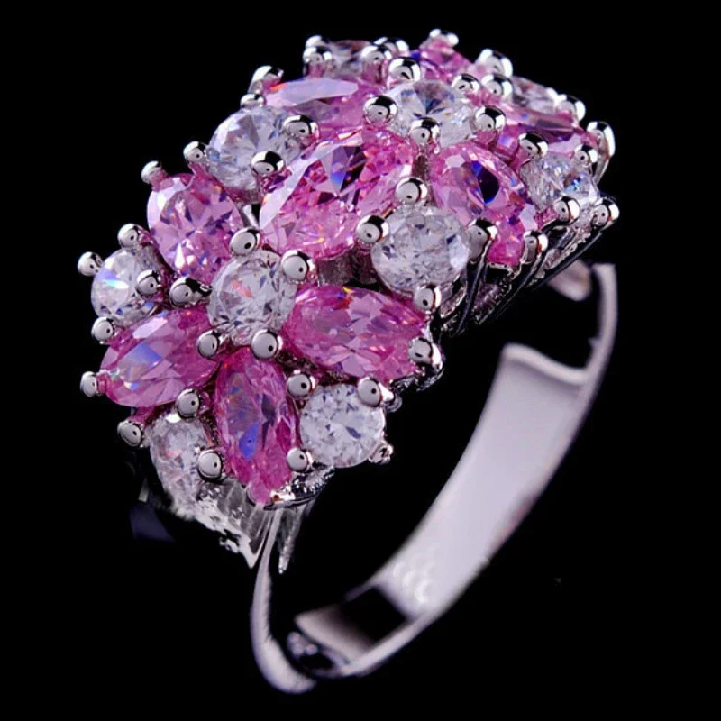 Luxury Female Pink Purple Blue Flower Ring Fashion Silver Color Engagement Ring Luxury Promise Wedding Rings For Women