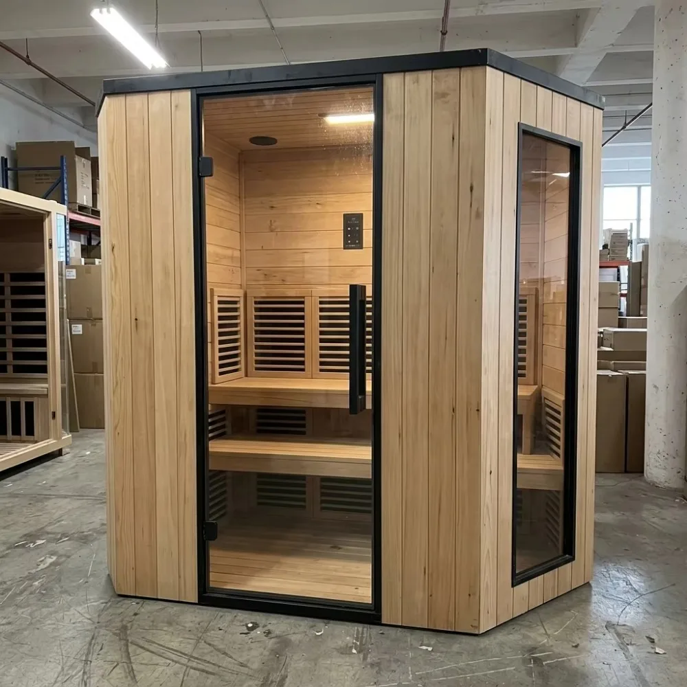 High Quality Indoor Infrared Sauna Room Full Spectrum Hemlock Wood Sauna Cabin with Corner Design for 2-3 Person Home Relax