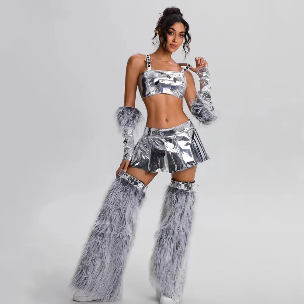 Women's Silver Mirror PU Leather Crop Top And Mini Skirt Set Drag Queen Costume Gogo Singer Dance Team Outfit Nightclub Rave