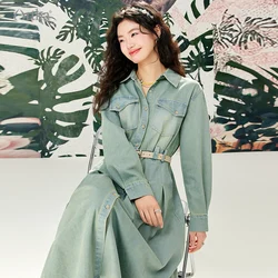 ARTKA 2024 Spring New Women Dress Fashion Vintage Denim Shirt Dresses Long Sleeve High Waist Laple Long Dress With Belt LN92043C