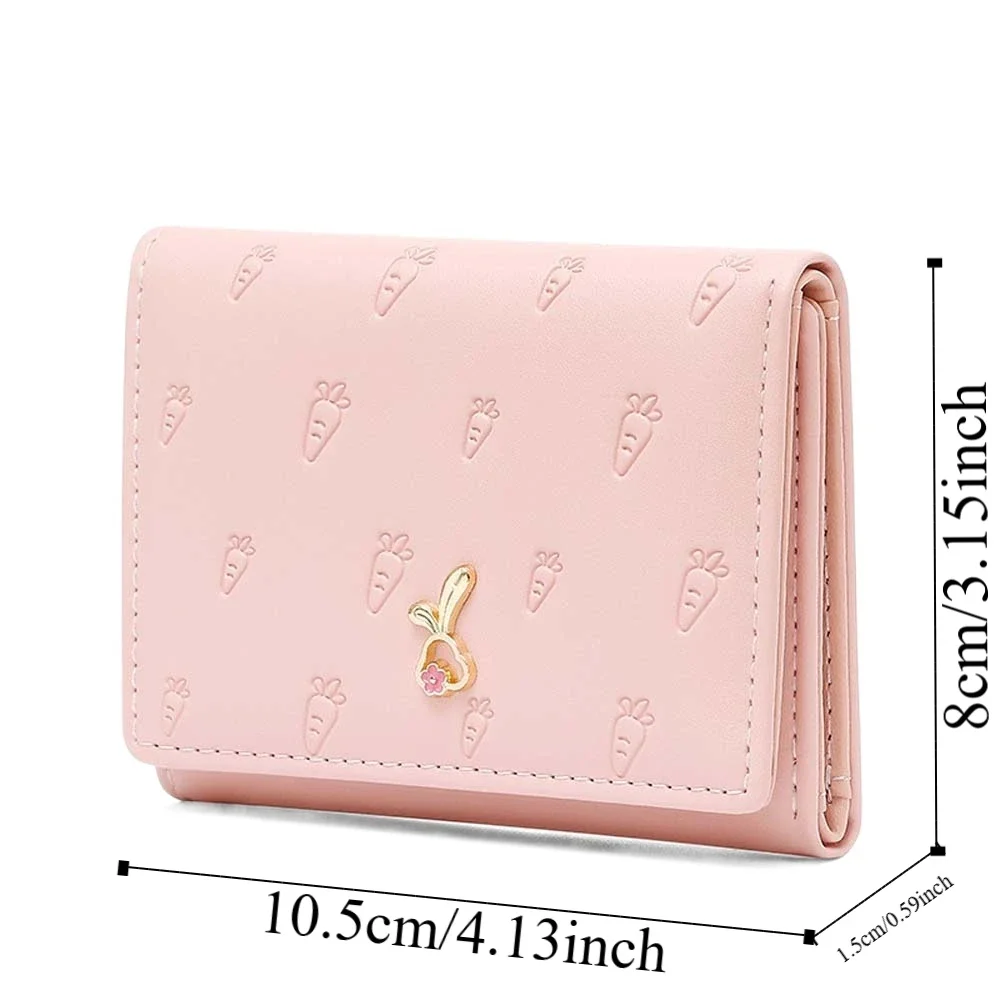 Tragbare Cartoon Kaninchen Geldbörsen Karotte Gedruckt Druckknopf Dame Kurze PU Brieftasche Wasserdichte Candy Farbe Dreifach Gefaltete Karte Tasche