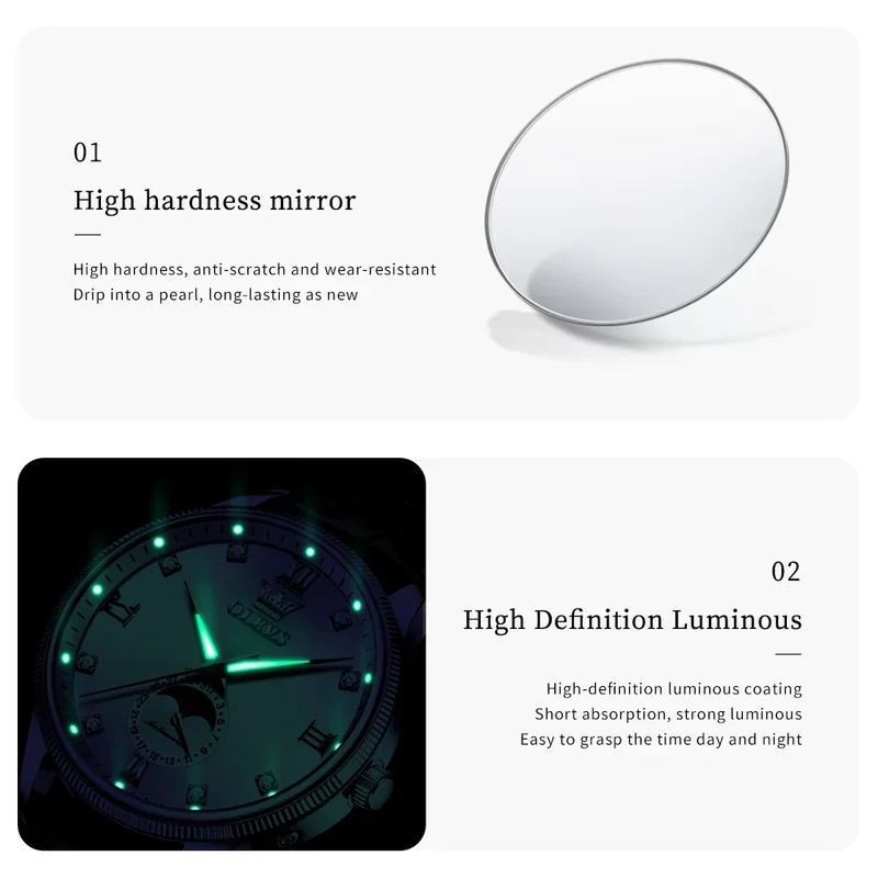 OLEVS Business Diamond Mechanical Couple Watch For Men Women Date Moon Phase Hand Clock Waterproof Luxury Automatic Watches 7039