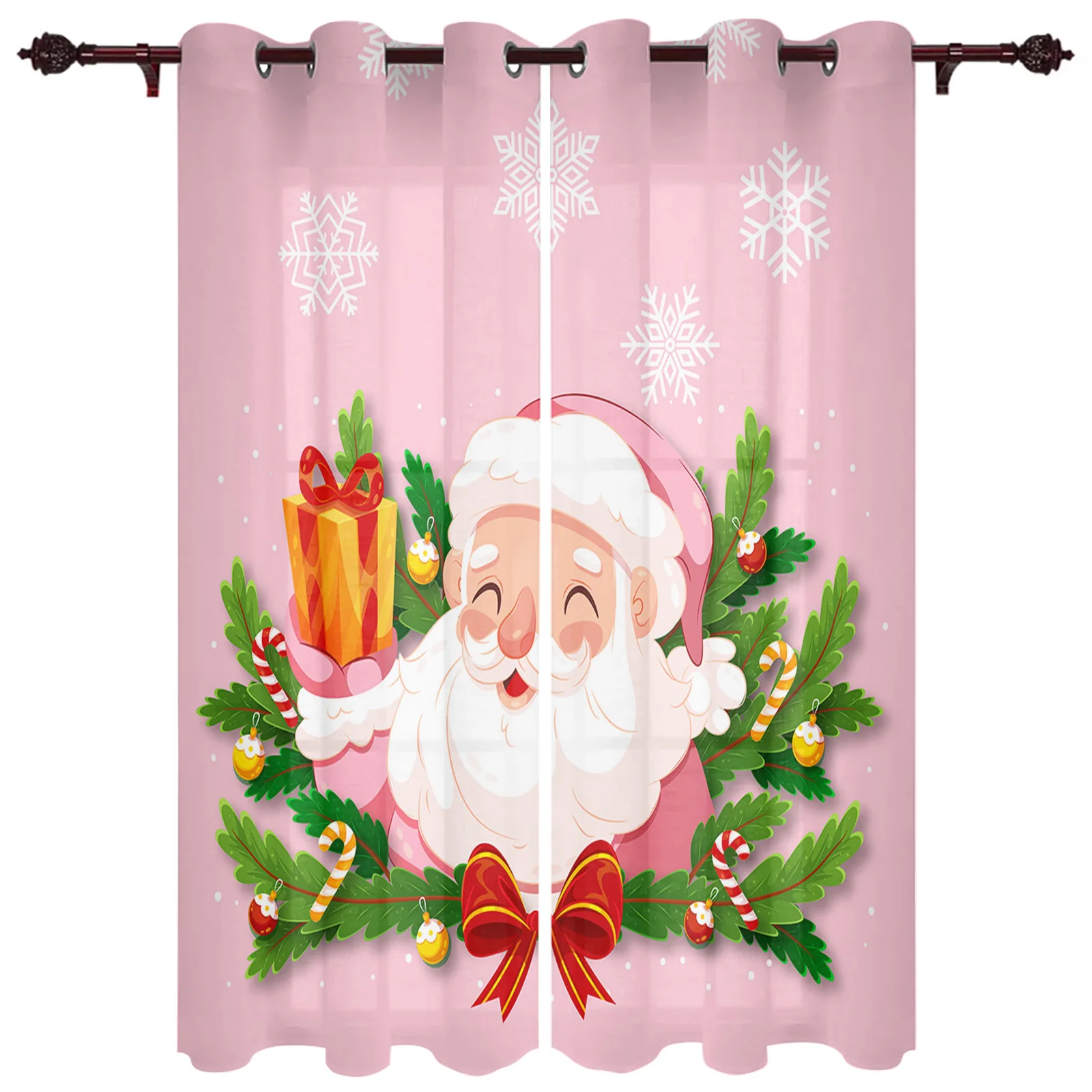 Christmas Santa Claus Pine Needle Pink Curtains for Living Room Window Panels Bedroom Kitchen Drapes Home Decor Window Curtain