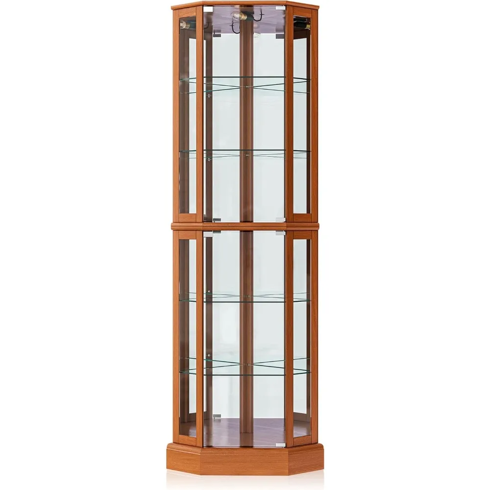 Vitrina de esquina de gabinete Curio iluminado para sala de estar, aparador de China con puertas y estantes de vidrio templado, gabinete de madera