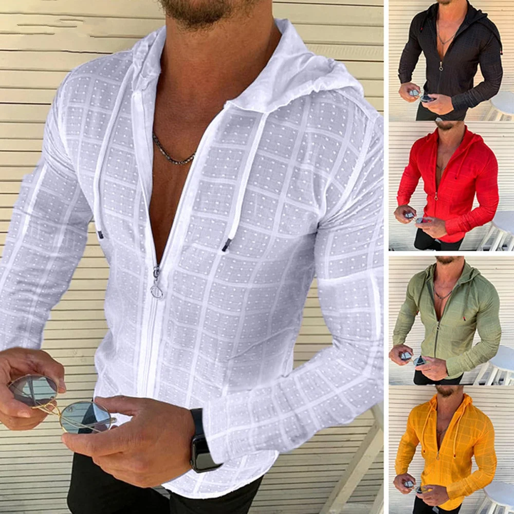 

Fashion new men's zipper hooded white plaid T-shirt hip hop long sleeve cardigan fabric comfortable fast shipping