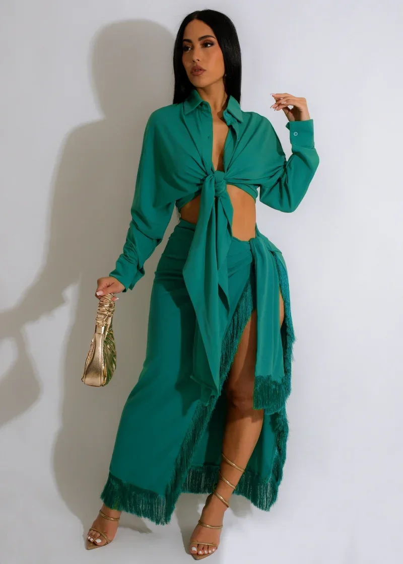 

GUWU Tassel Hem High Side Split Tie Up Waist Skirts Set and Long Sleeve Shirt Summer Women Two 2 Piece Outfit Dress