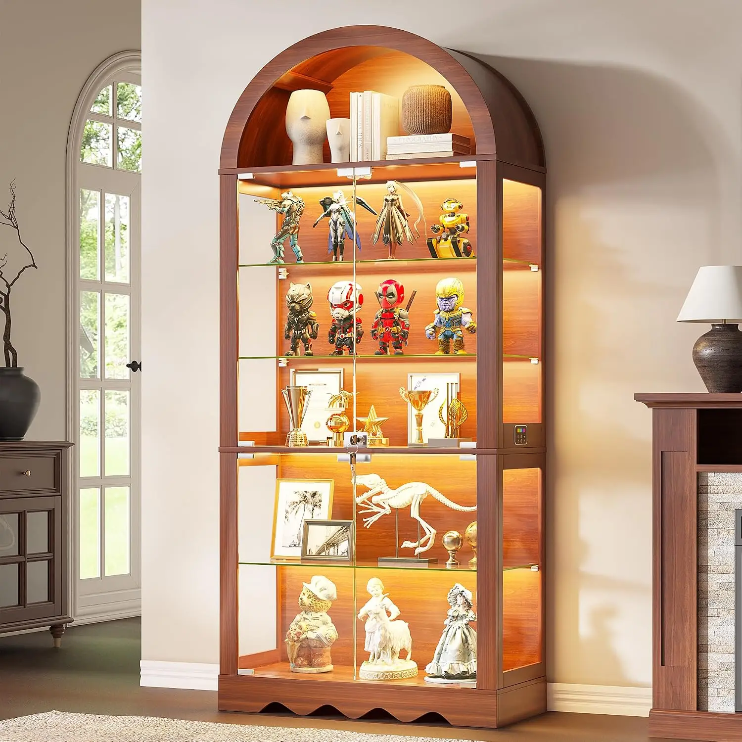 6 Tier Arched Glass Display Cabinet RGB Lights Lock Curio Display Case Glass Doors Adjustable Large Shelves Motion Sensor APP Co