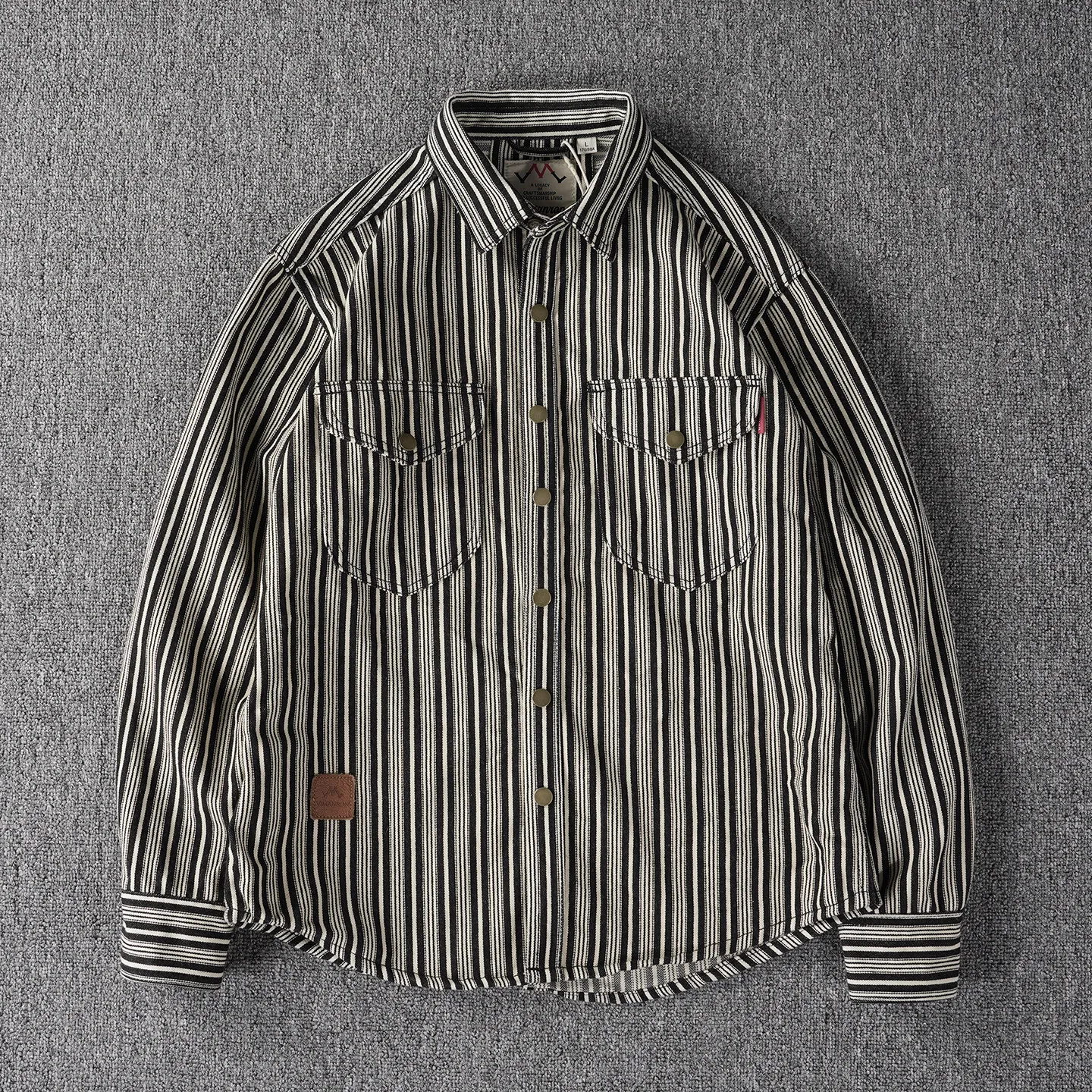 Men's autumn work shirt jacket thick heavyweight yarn-dyed striped washed distressed Ami khaki long-sleeved shirt