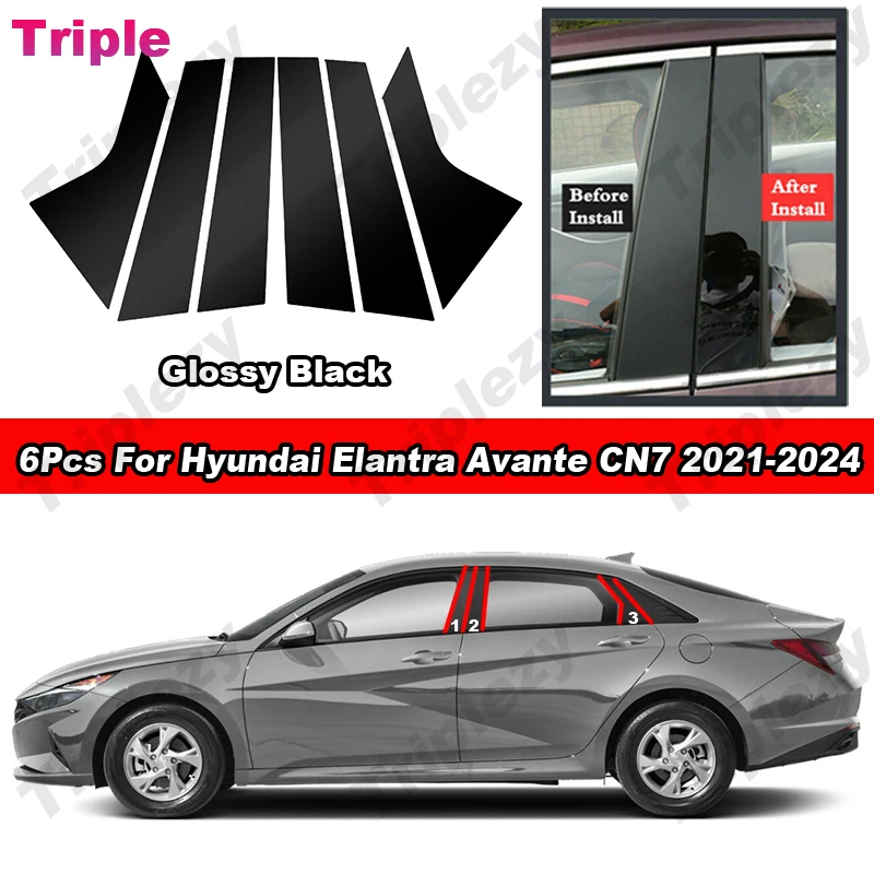 

6Pcs Glossy Black Door Pillar Posts Side Trim For Hyundai Elantra Avante CN7 2021-2024 Carbon Fiber Window Moulding Cover
