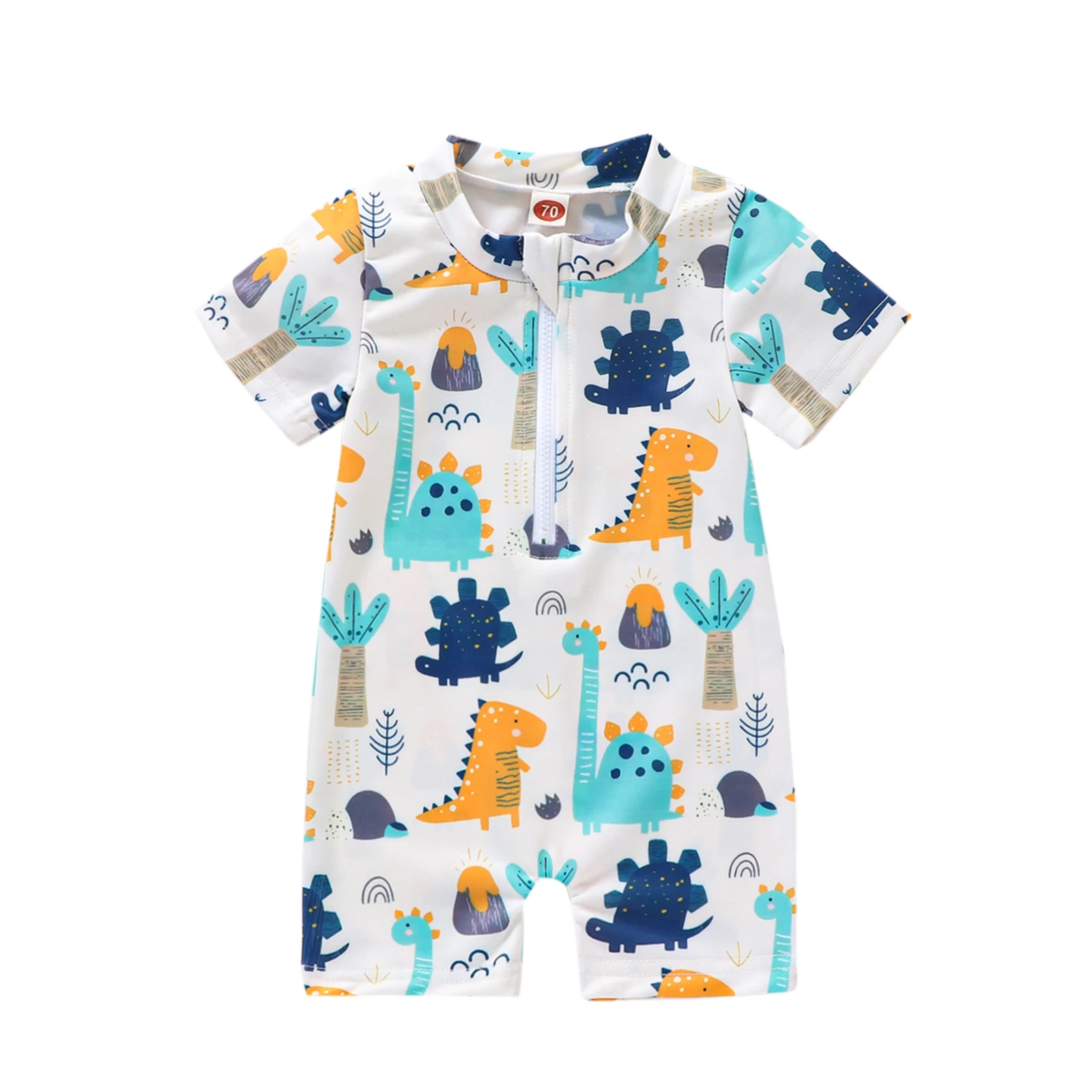 

2024 Summer Toddler Kids Boys Summer Swimsuit Casual Cartoon Dinosaur Printed Short Sleeve Zipper Jumpsuit Swimwear Beachwear