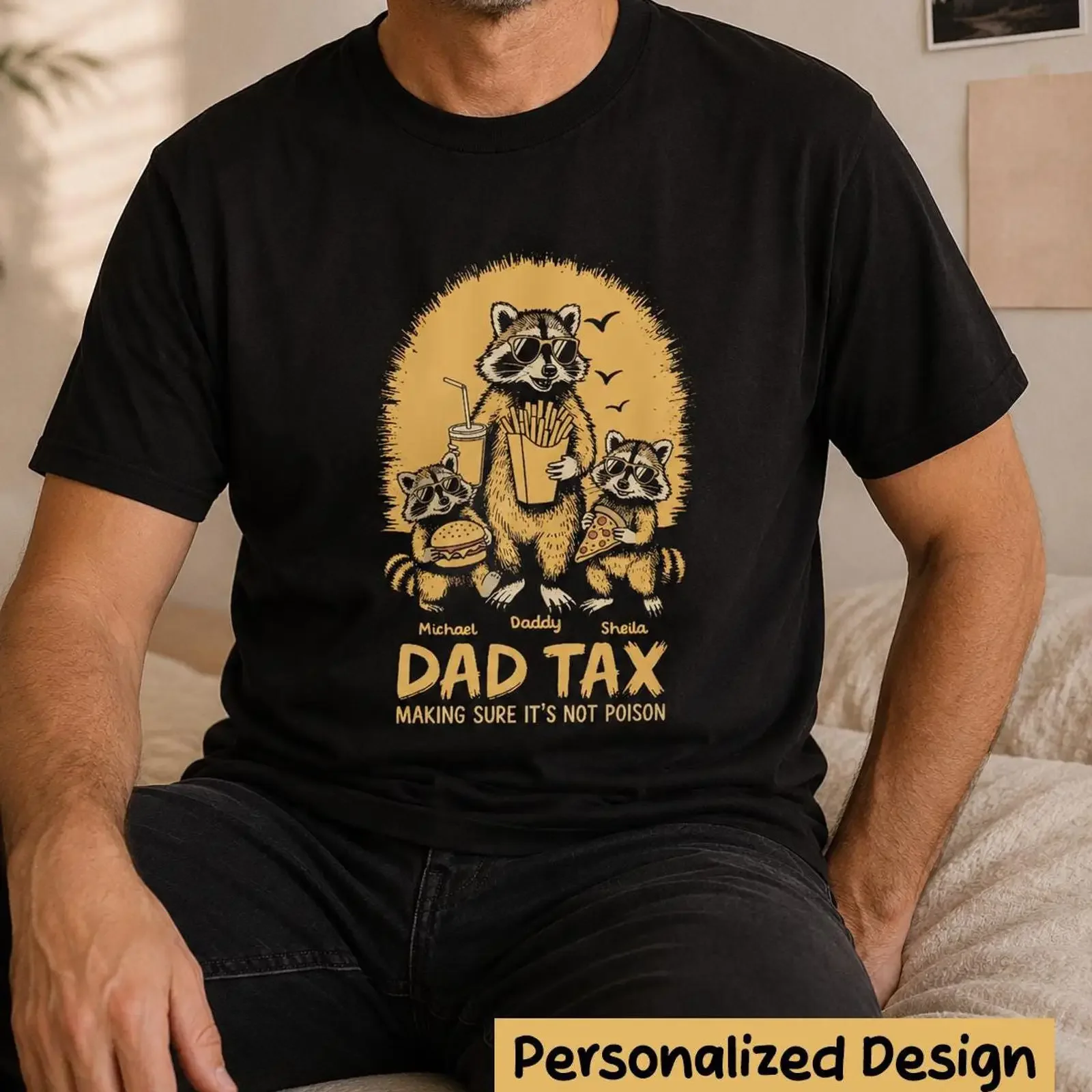Personalized Dad Tax Raccoon T Shirt Custom Family Names Parenting Humor vintage Washed designer clothes Stylish graphic