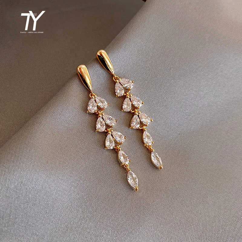 Shiny Zircon Tassel Leaf Shape Gold Color Earrings For Womans New Fashion Jewelry Wedding Party Unusual Girl's Luxury Earrings