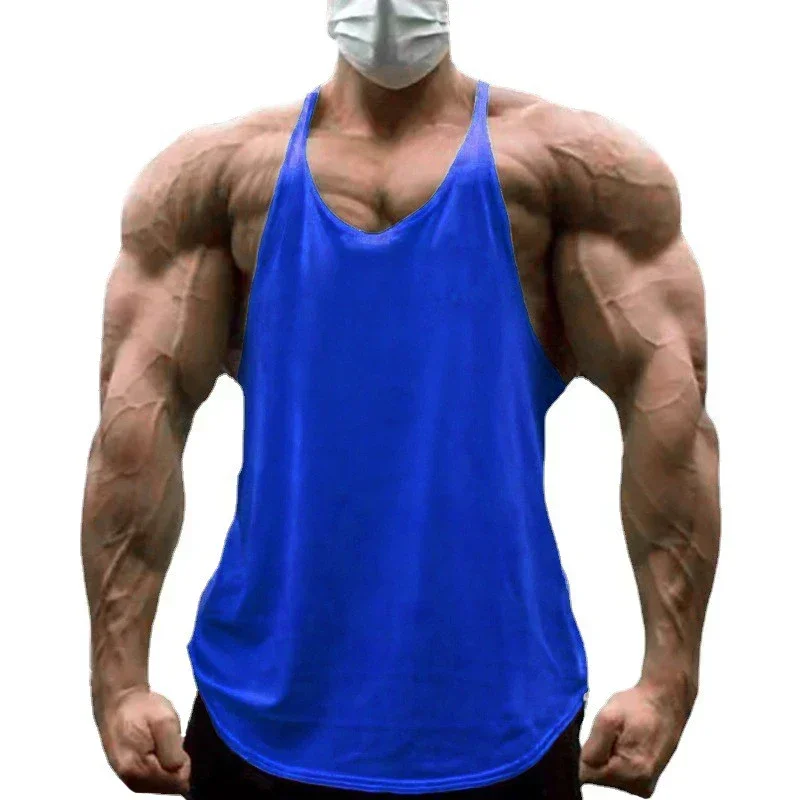 Zwykłe męskie sportowe koszulki bez rękawów siłownia Fitness kulturystyka trening podkoszulki umięśnione letnie fajne bawełniane oddychające kamizelki z dekoltem w kształcie litery Y — zdjęcie 3