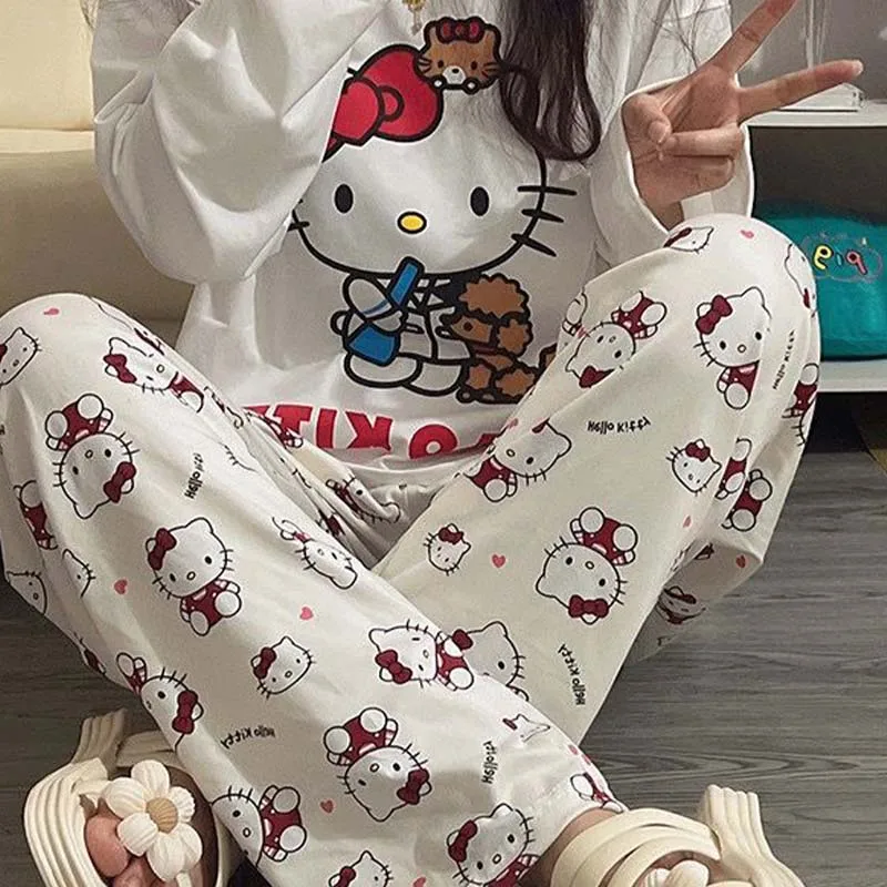 Kawaii Sanrios Hello Kitty Women\'s Pajamas Set Anime Cartoon Students Autumn Winter Polyester Long Sleeved Girls Nightwear Gift