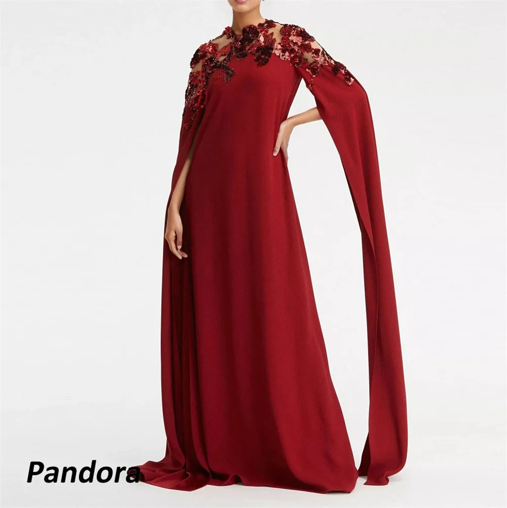 

Pandora O Neck Evening Gown A-Line with Sequins Long Cape Sleeves Women's wedding Banquet Party Dress