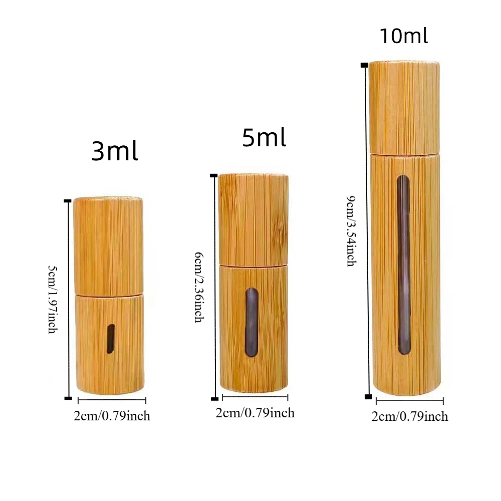 대나무 미니 빈 튜브 에센셜 오일 롤러 병, 스틸 롤러 볼, 바닥 충전 립 오일 튜브, 여행용 향수 병, 3 ml, 5 ml, 10ml