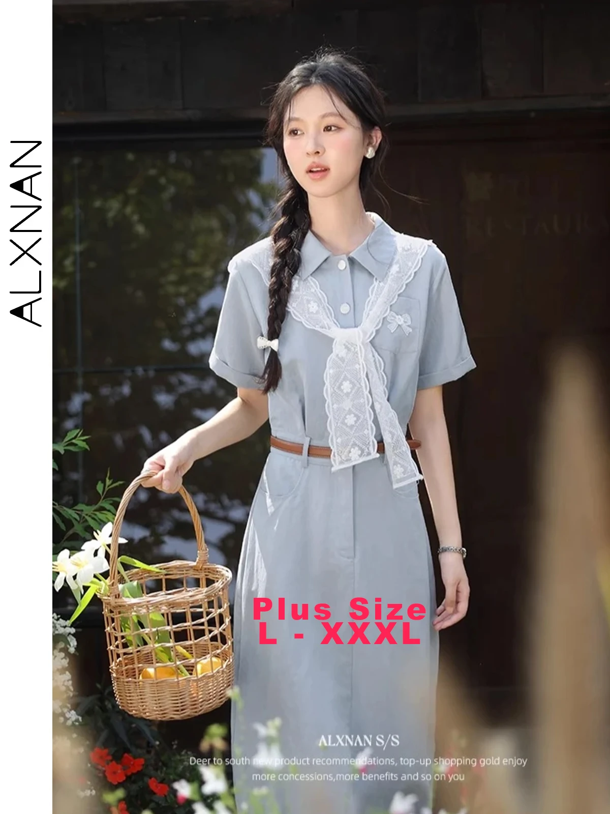 

ALXNAN Plus Size Blue Dress Long Elegant Lyocell Shirt Dress Women 2025 Summer Lace Shawl Holiday Casual Ladies Clothing D10851