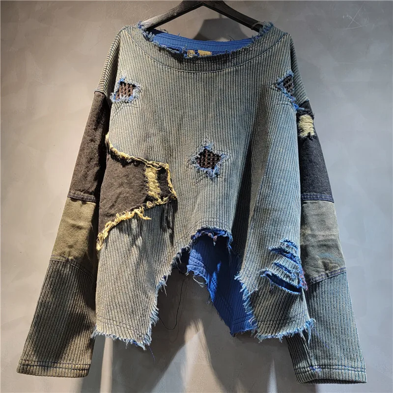 WTHT 패션 신상 여성용 불규칙 패치워크 홀 루즈 스웨터 2025 가을 트렌디 O넥 긴팔 풀오버 여성용 1LS2564