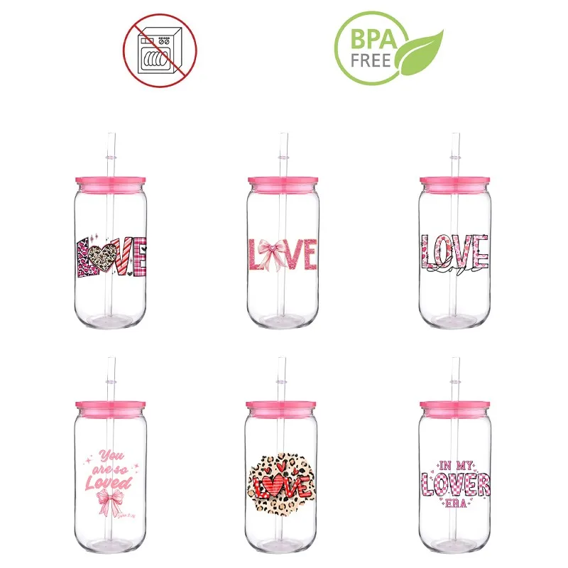 Love  3D Design Printed Transfer BPA free Plastic Straw Cup Comes With Colored Lid And Sreaw Can Milk Coffee Throw-Proof 16 OZ