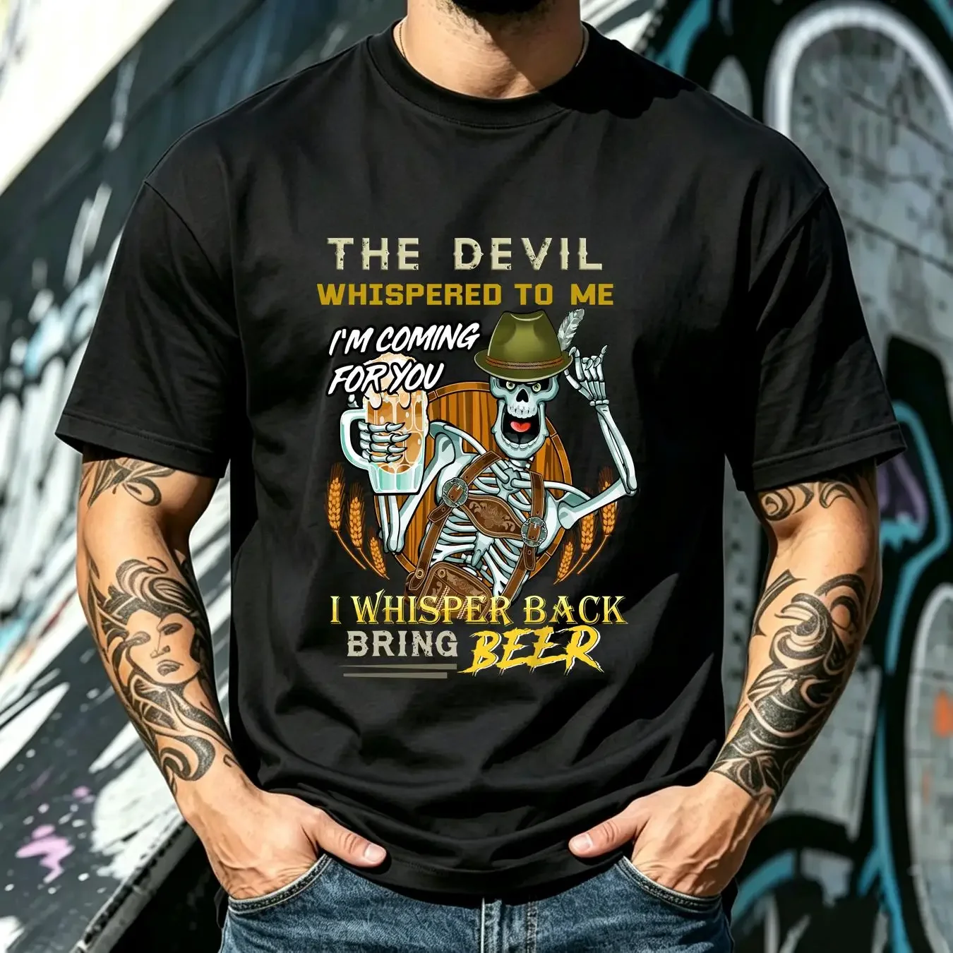 washed T Shirt Skeleton the devil whispered to me bring beer Size S 5XL long or short sleeves vintage Washed designer clothes
