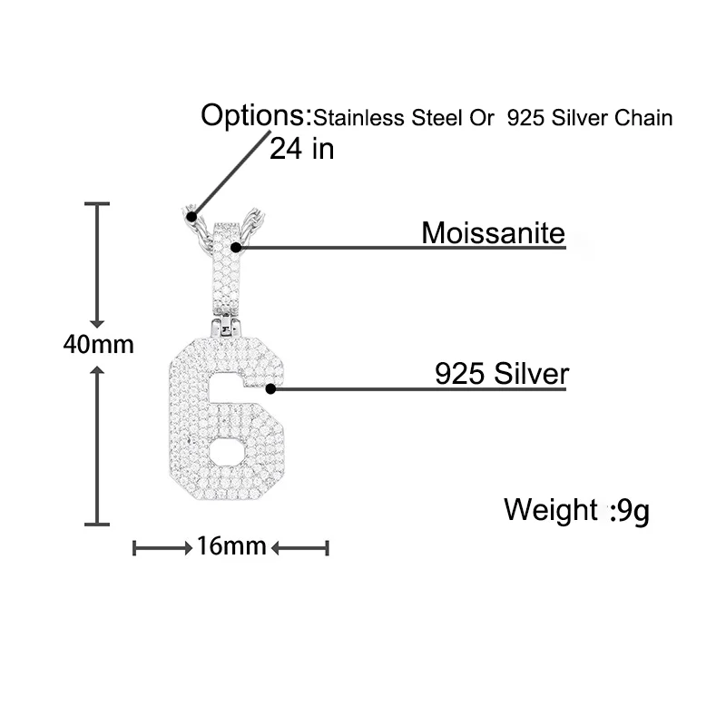 0-9 Lucky Numbers Pendant Silver 925 With Moissanite  Charms Jewelry for Women Men 18k Gold Jewelry Accessories Men's Jewelry