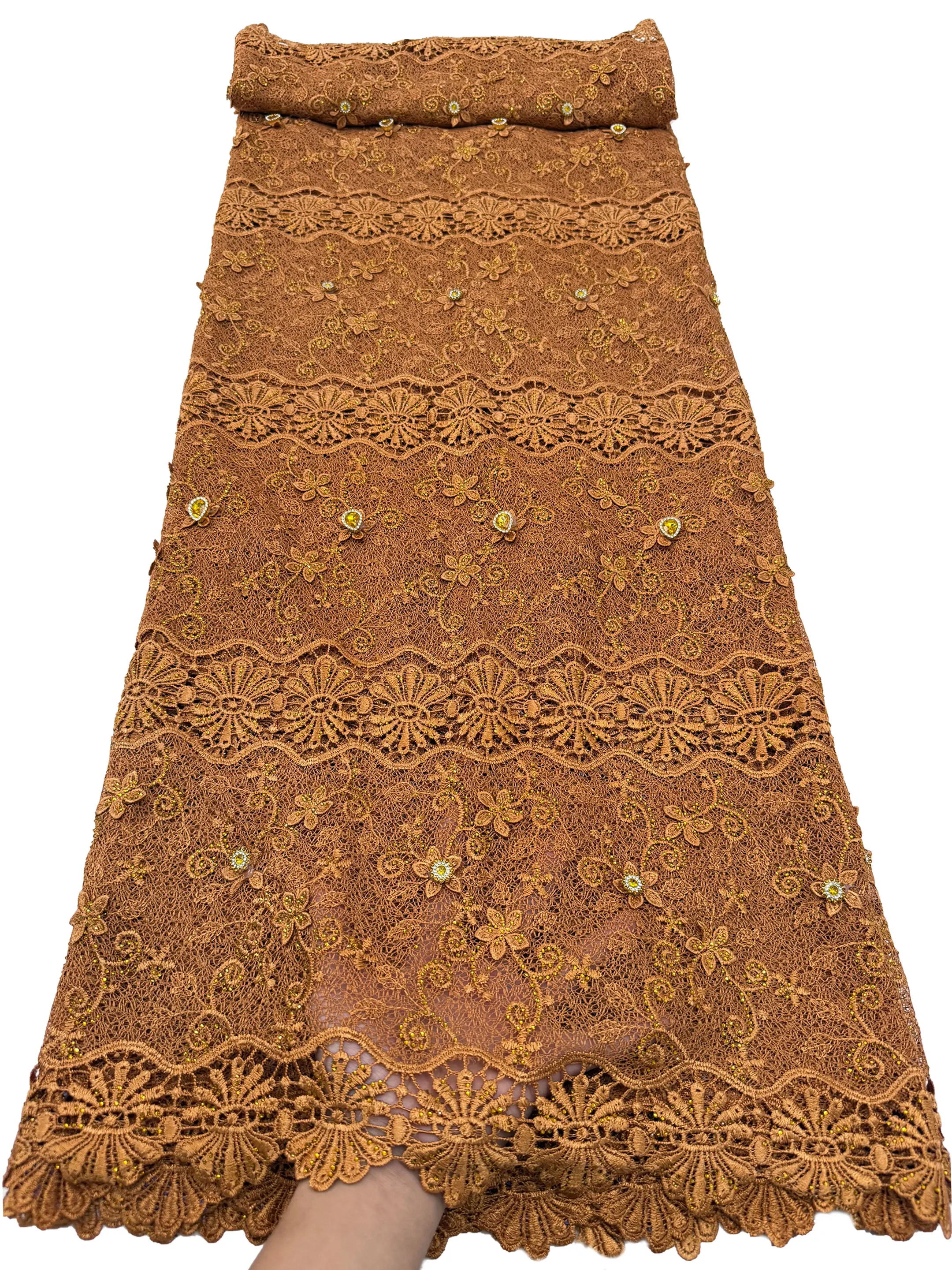 African Guipure Cord Lace Fabric with Luxury 3D Rhinestones Water Soluble French Style Nigerian Design For Women's Dress Sewing