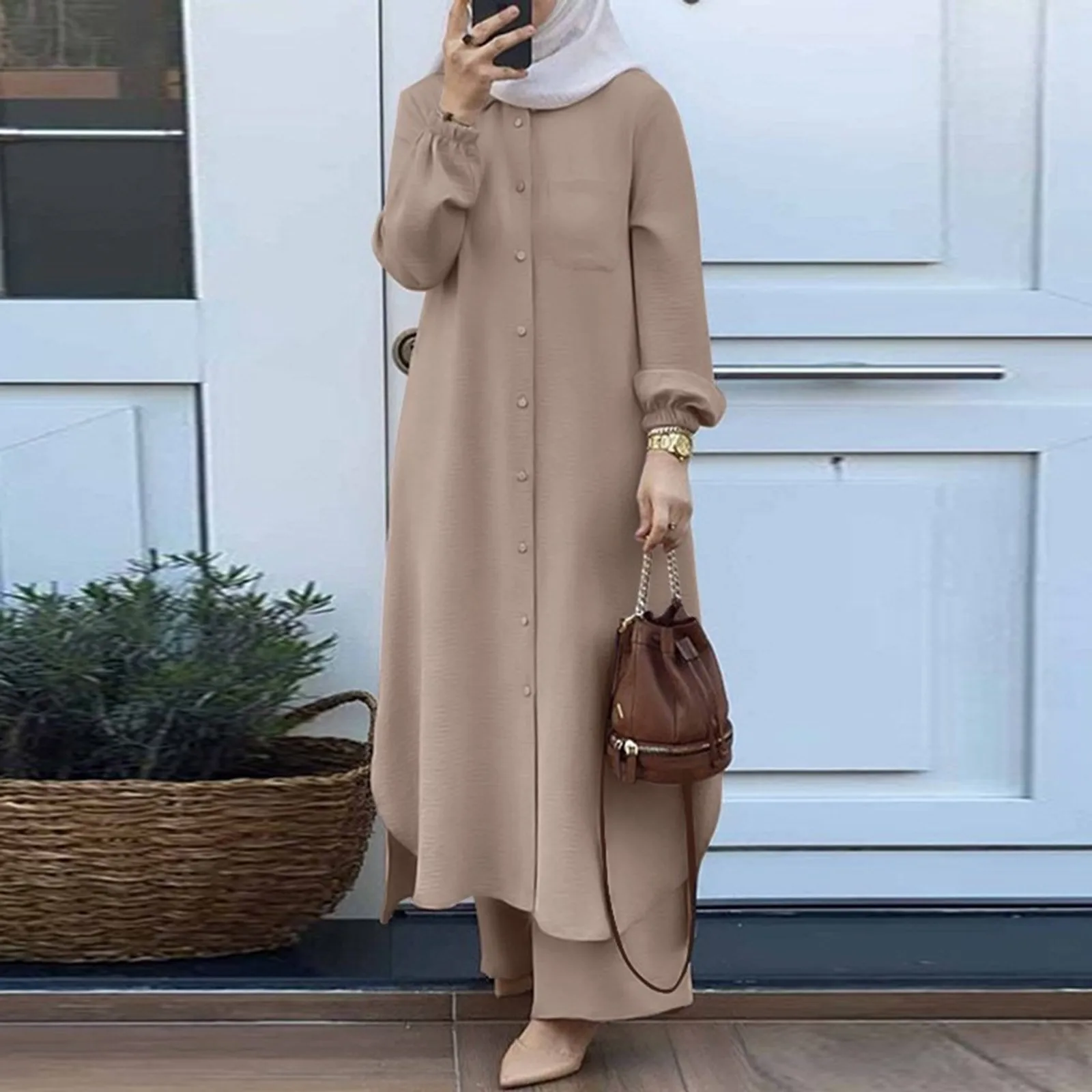 Casual Muslim Dress for Women Blouse 2 Piece Set Long Sleeve Shirt Pant Suits Saudi Arabic Dubai Button Up Dresses 2024 Spring