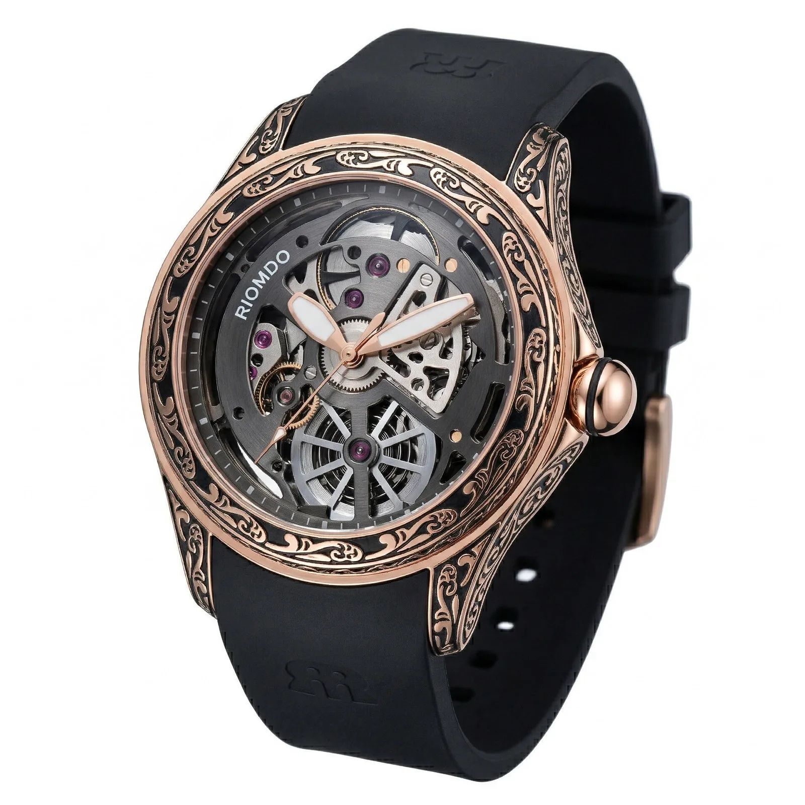 OBLVLO Men Automatic Watch 46mm Mechanical Wristwatch Carved Case Waterproof Bubble Mirror Skeleton Dial Luminous G3265Z Mov