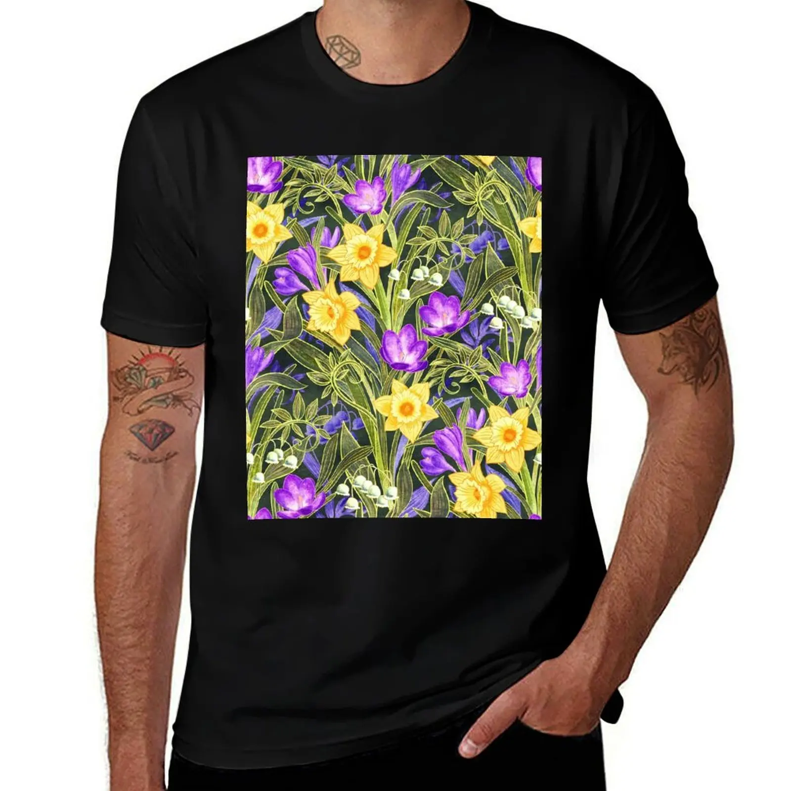 Spring Floral with Daffodils, Crocuses and Lily of the Valley on Dark T-Shirt blacks anime shirts men