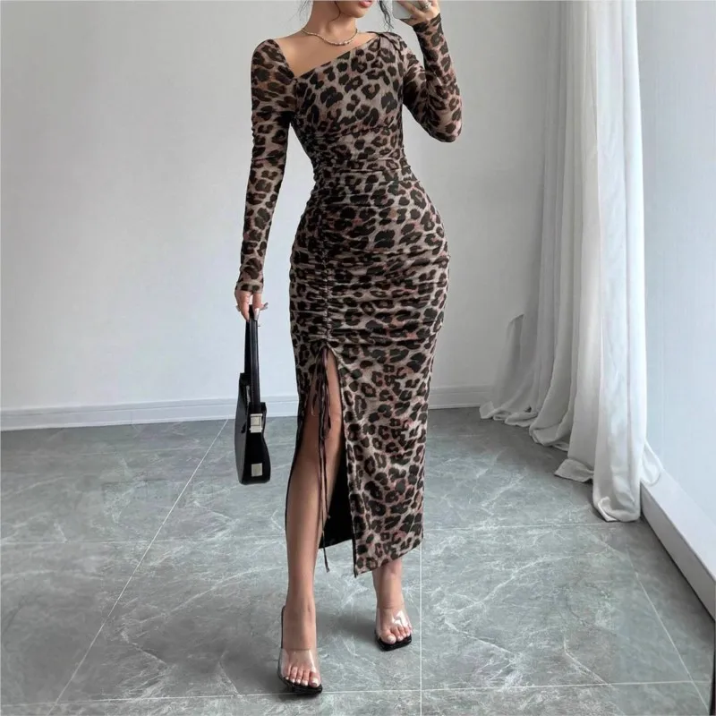 

Fashionable Leopard Print Long Dressrs For Women 2025 Spring Casual Long-sleeved High-slit Drawstring Slim-fit Tight Dress