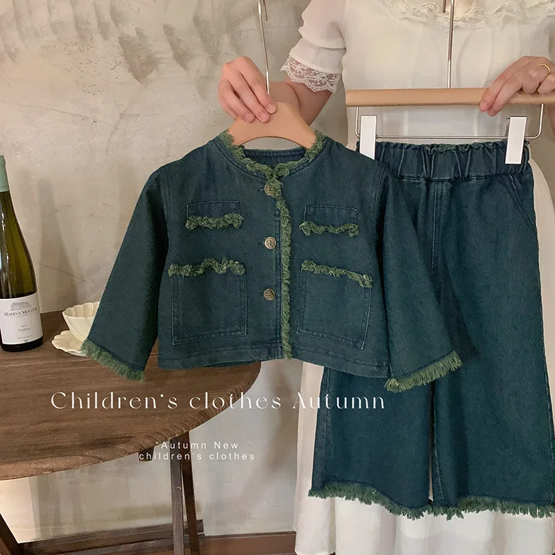 

Girls Autumn Denim Set 2023 New Style Children Autumn Coat Wide Leg Pants Korean Version Baby Two-piece Set