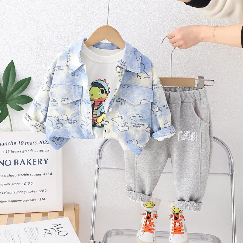 3PCS Baby Boy Set 2024 Spring Cartoon Dinosaur Cardigan Jackets + White T-shirts + Pants Children Clothes Boys Valentines Outfit