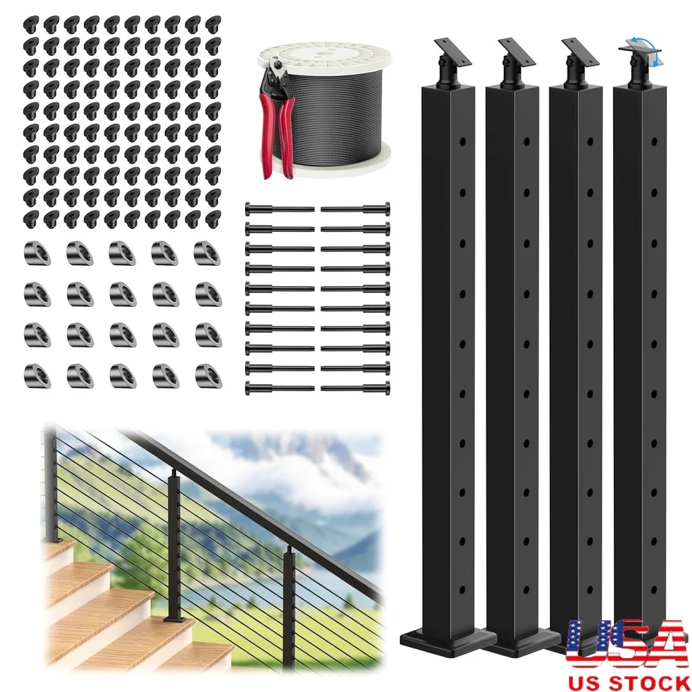 

Stainless Steel Adjustable Stair Cable Railing Post Kit Complete Set 4 Pack Includes Cable Cutter Angle Washers Rubber Grommets