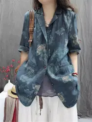 Women's Summer Loose Blazer, Printed Ramie Cotton Linen Blend 3/4 Sleeve Jacket, Ethnic Style Sun Protection Cover-Up K171