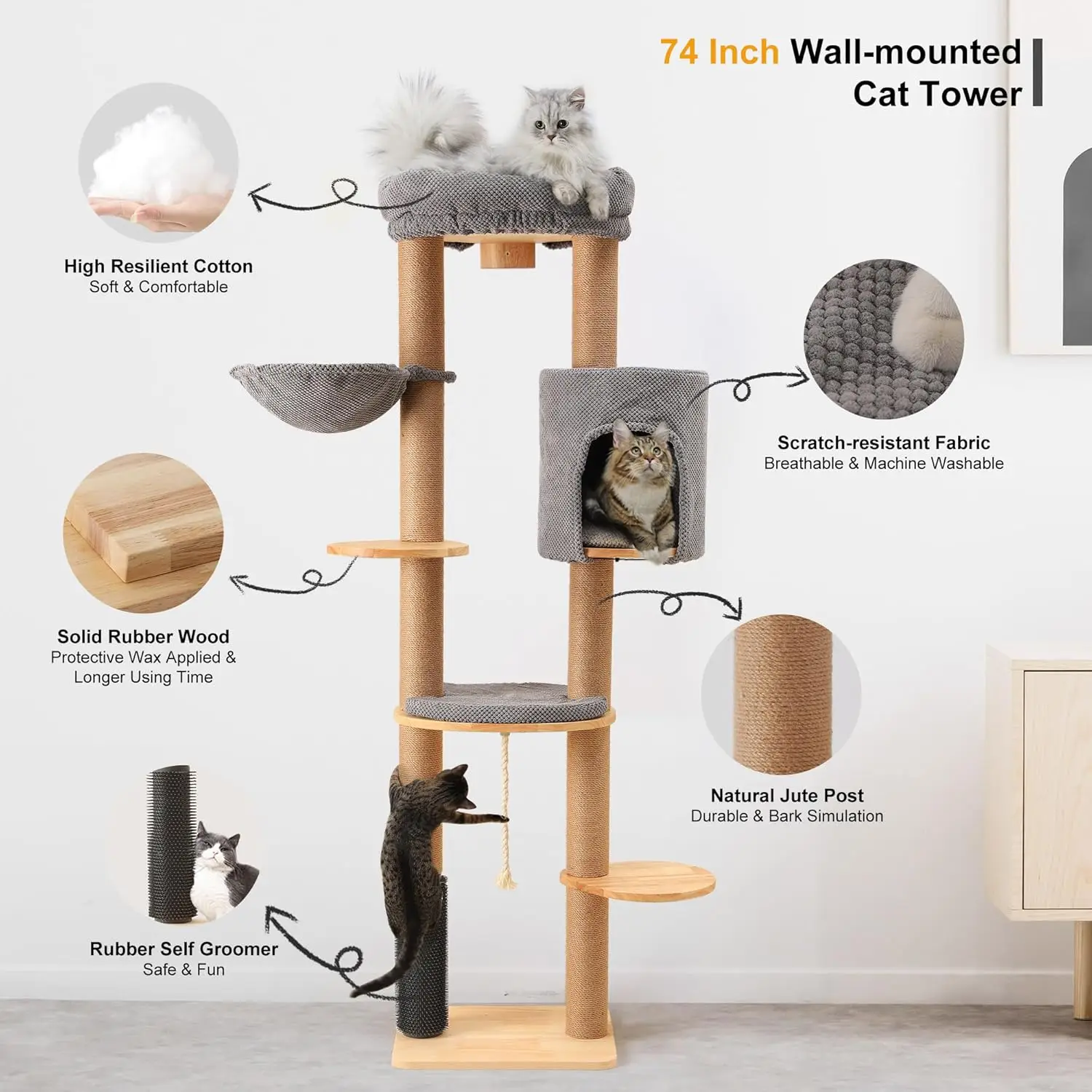 FUKUMARU Cat Tree, 74 Inch Large Tower Wall-Mounted, Solid Rubber Wood Wall Shelves, Condo with Scratch-Resistant