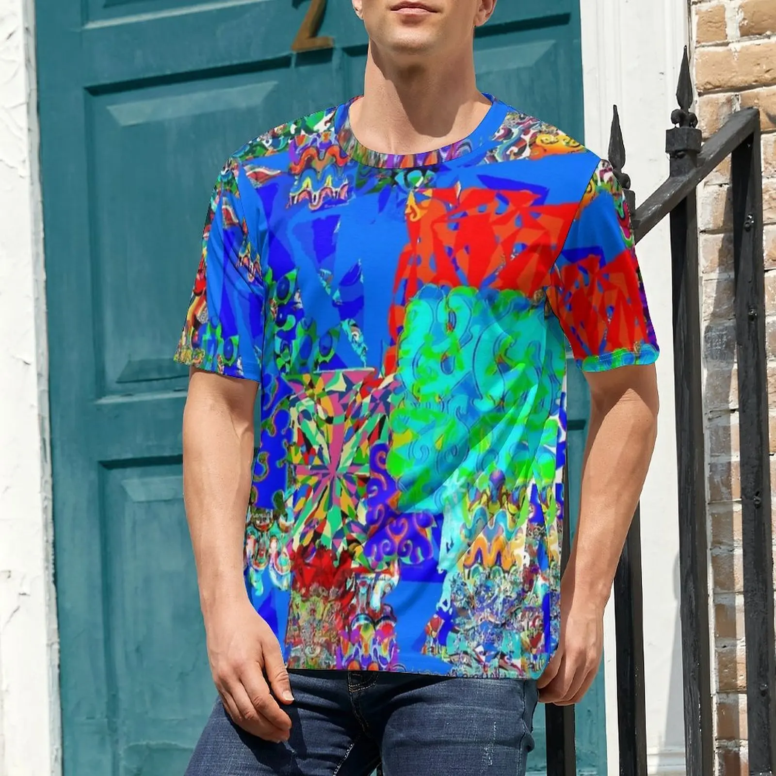 Plus Size T-Shirt Summer Blue Pop Abstract Mosaic Print T-Shirts  Basic O Neck Tee Shirt Man Fashion Graphic Top Tees