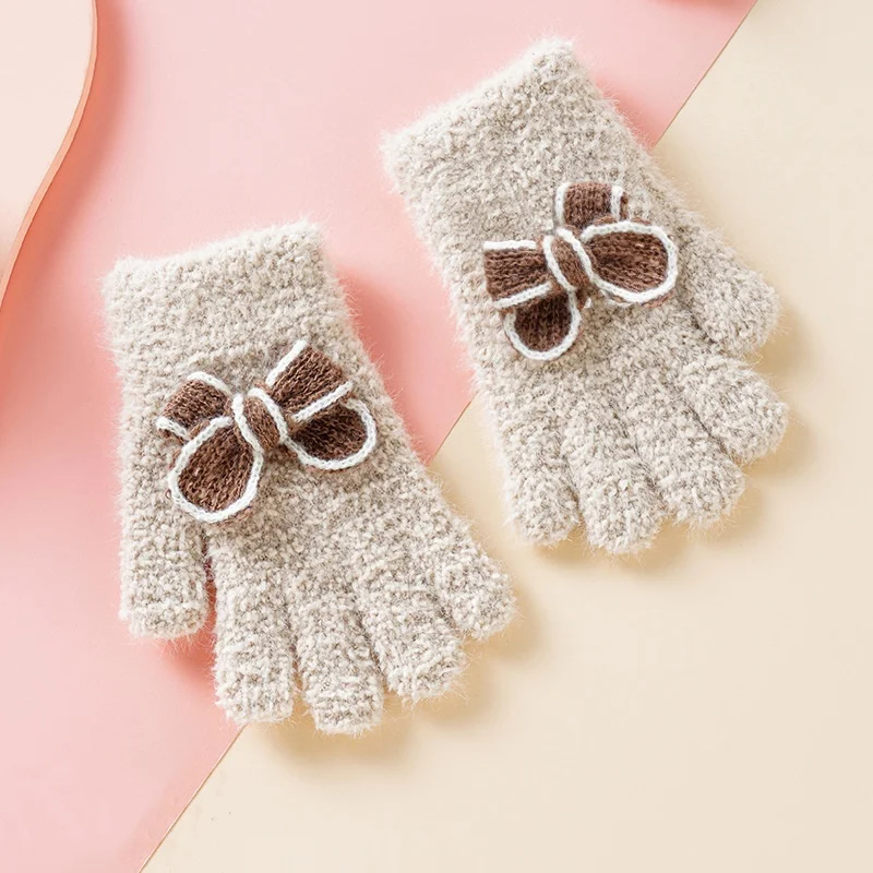 韓国スタイルニット手袋女の子のための冬暖かい厚い豪華な五本指子供手袋かわいい弓子供のファッション手袋新しい