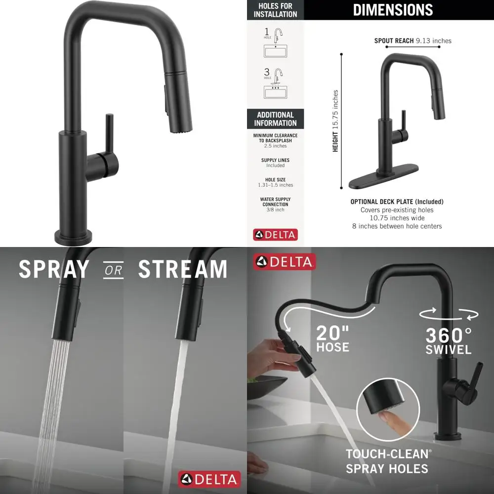 

Modern Matte Black Single Hole Pull-Down Spray Kitchen Faucet with Single Handle, Delta Nicoli Series