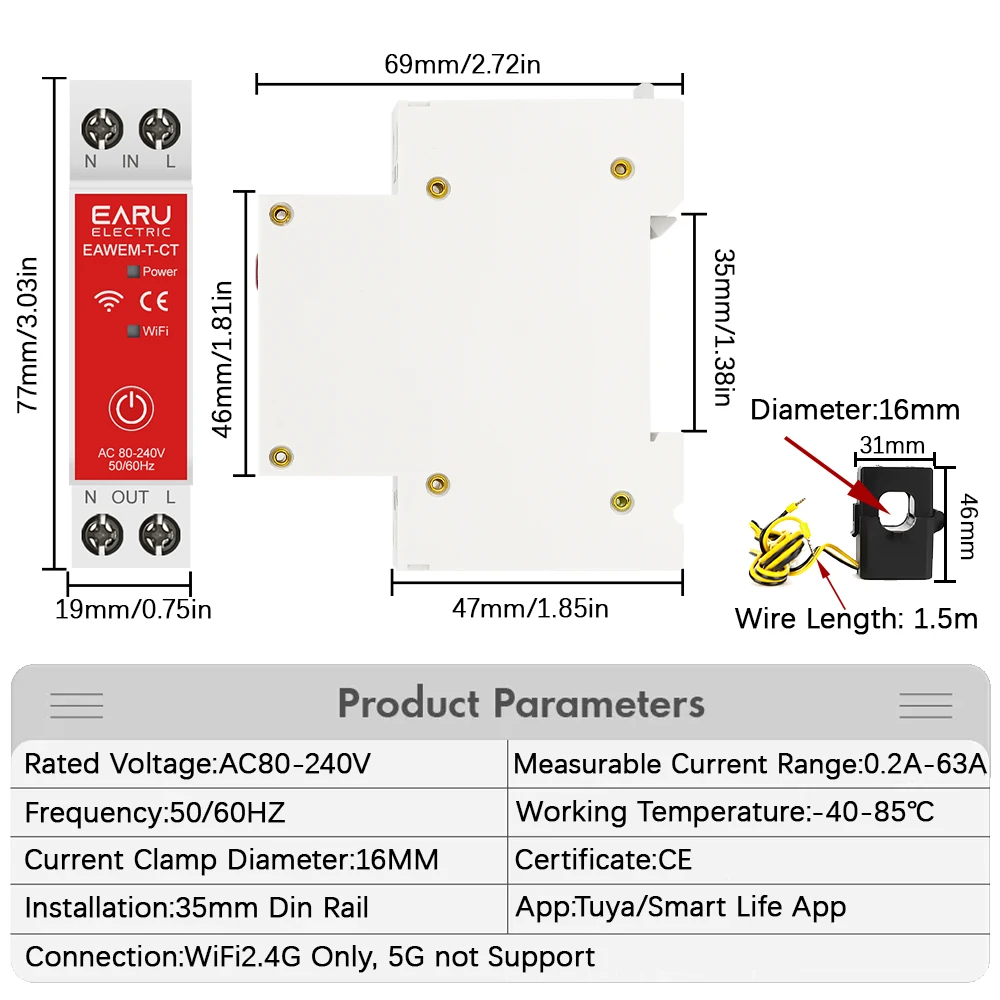 Tuya WiFi Smart Energy Meter AC80-240V 1CT Klem App Controle 63A Power Monitor Elektriciteitsstatistieken 50/60Hz Intelligent Leven