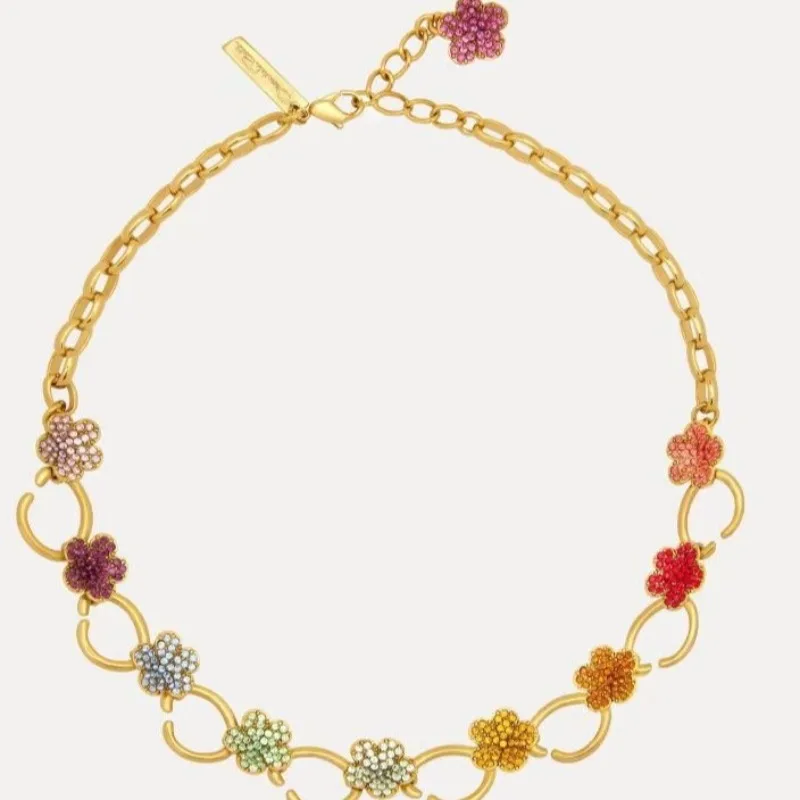 Elegant Floral Party Necklace for Women, Vintage Multicolor CZ Flower Pendant Choker, Dainty Blossom Collarbone Jewelry