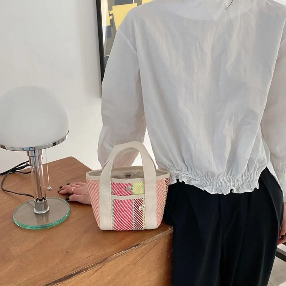 

Portable Stripe Weave Handbag Small Cloth Bag Picnic Storage Bag Tote Bag Large Capacity Fashion Lunch Bag Men