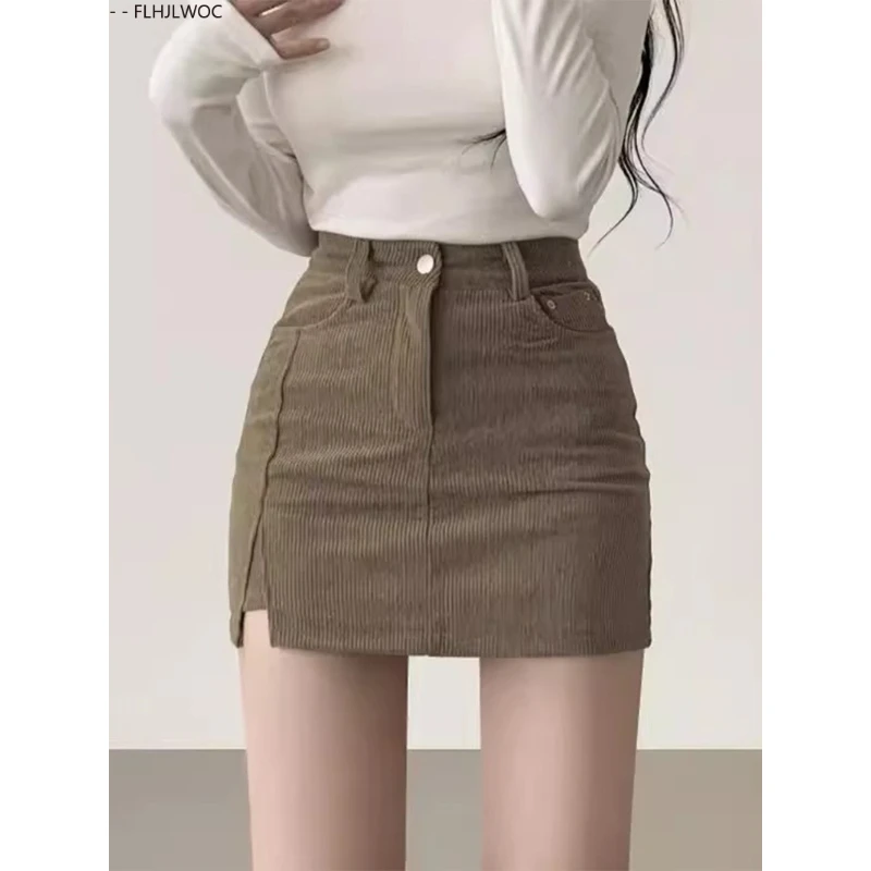 Corduroy Clothes Solid Button Design Date Girls Office Lady Japanese Style Black High Waist Sexy Short Cute Mini Skirts