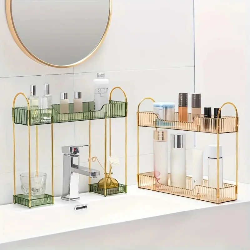 2-Tier Bathroom Countertop Organizer, Multicolor Plastic Storage Shelf for Cosmetics & Toiletries, Space-Saving Vanity Holder