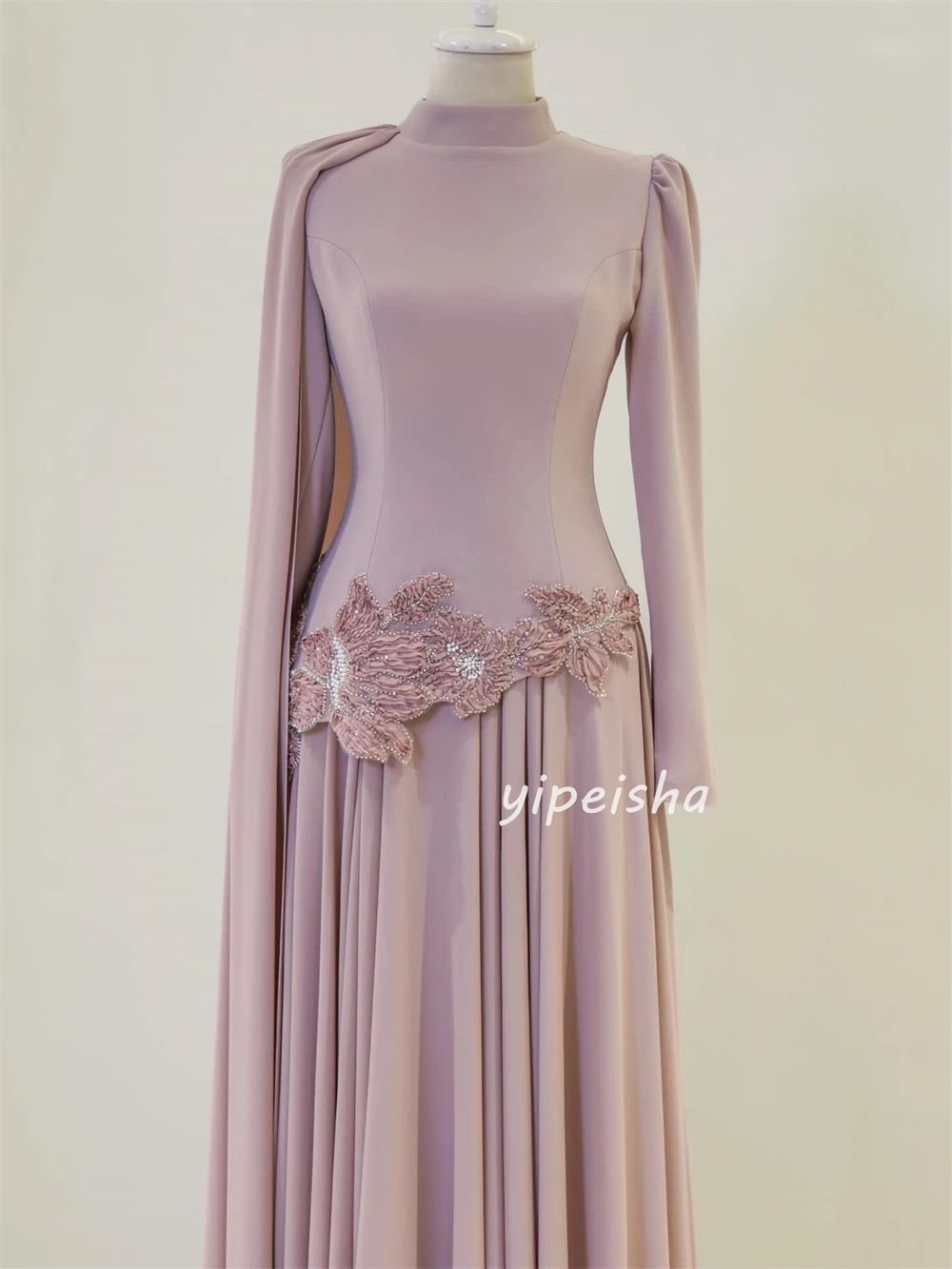 Personnalisé Style moderne mode Jersey à la main fleur paillettes robes de bal droites col haut manches longues robes de soirée