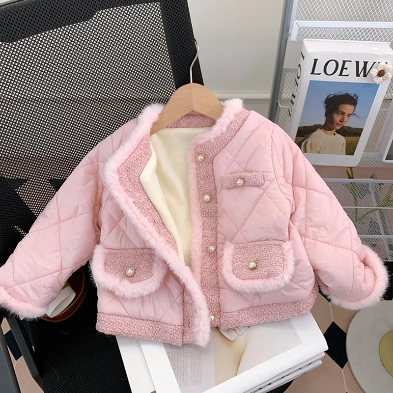 

Зимние пальто для девочек, корейская модная верхняя одежда принцессы с хлопковой подкладкой, утепленные шерстяные лоскутные короткие куртки, новинка 2024, новинка для детей